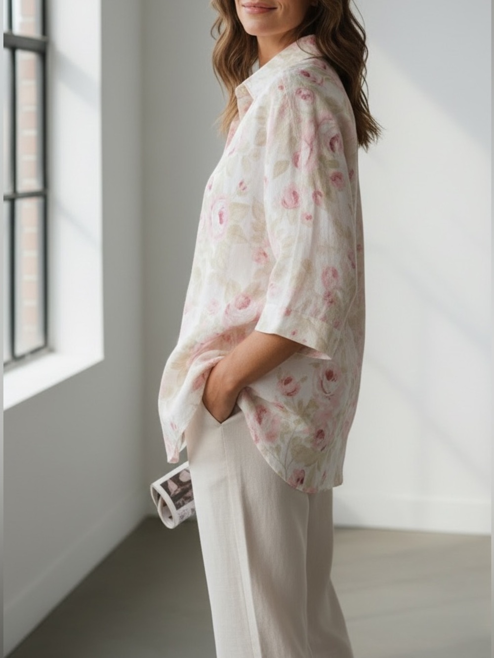 Hester & Orchard Flora Pink Linen Blend Button-Front Women's Top Blouse Size L - Picture 13 of 13